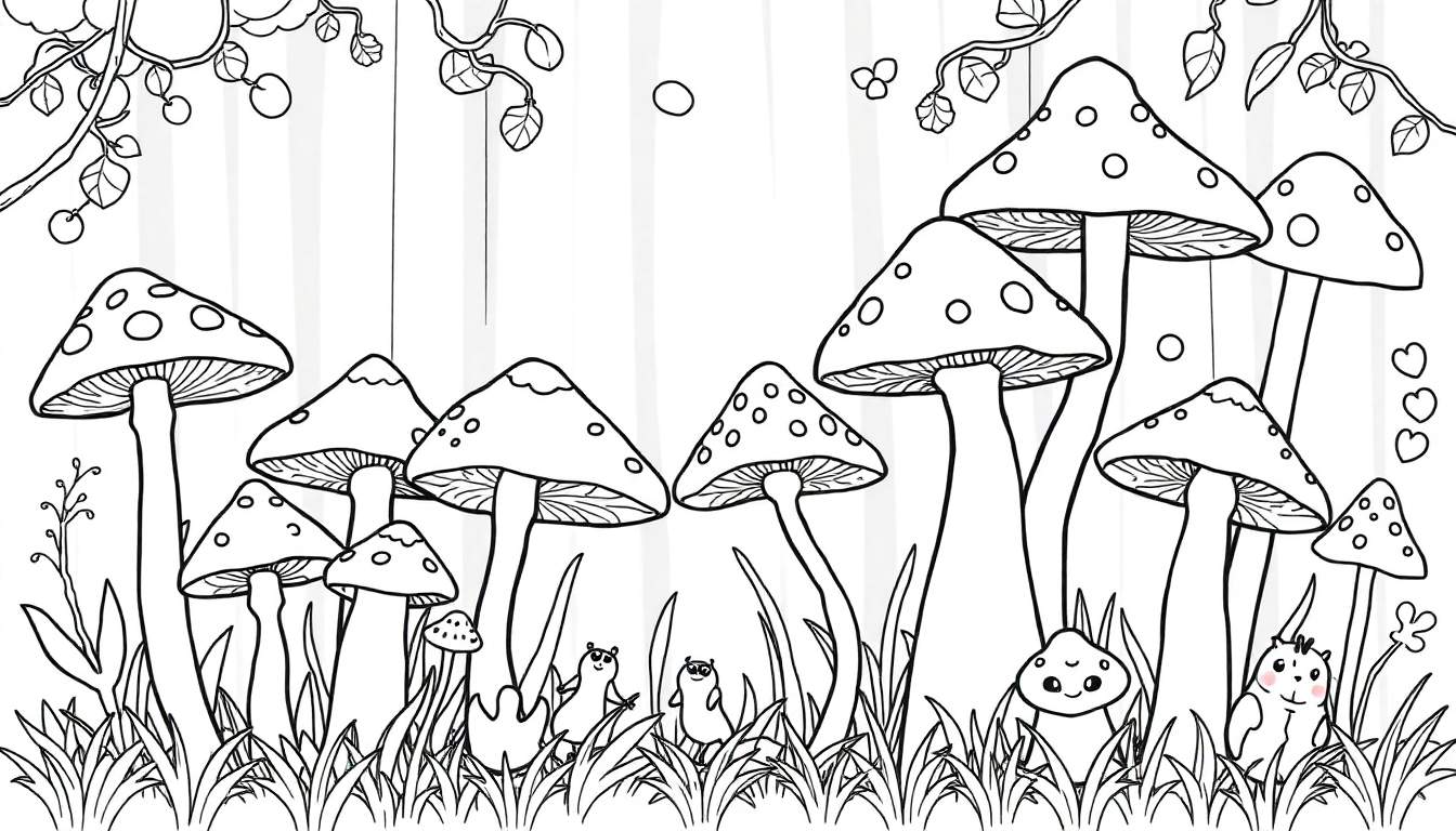 Page à colorier d'une forêt avec des champignons et de petites créatures.
