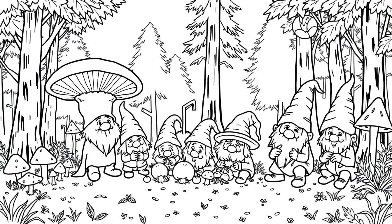 Dessin au trait d'une forêt enchantée avec des gnomes et des champignons pour un color panel.