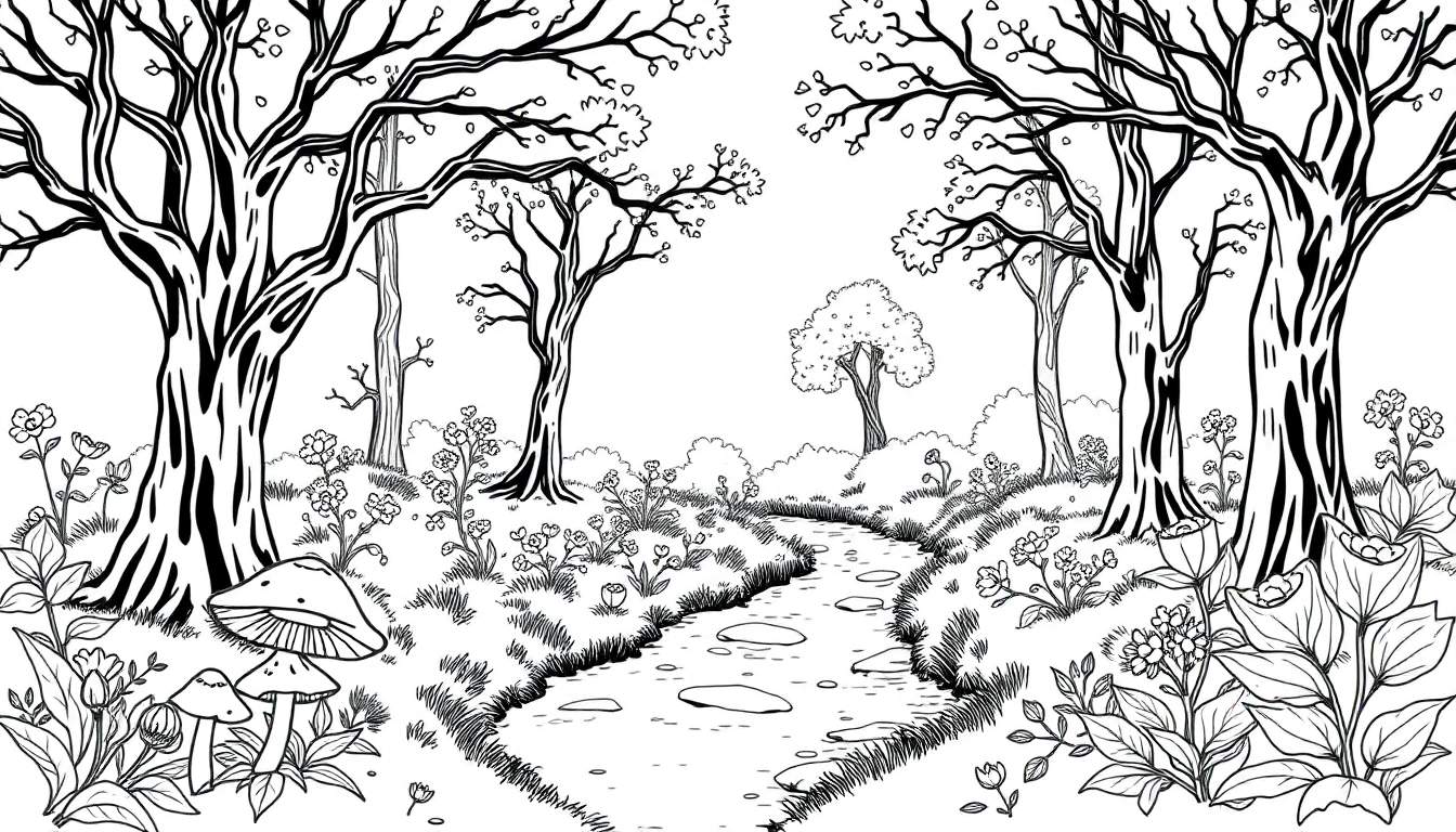 Dessin au trait d'un paysage forestier avec un ruisseau et des champignons.