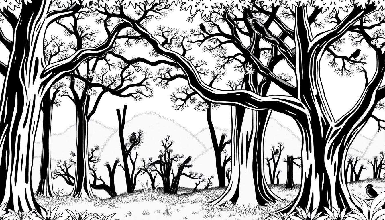 Dessin noir et blanc d'une forêt d'hiver avec des oiseaux sur les branches.