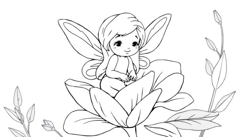 Une fée assise sur une fleur prête à être colorée, avec des lignes claires pour un color panel.