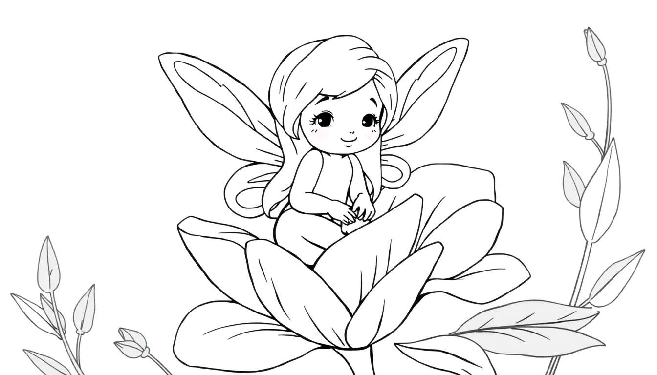 Une fée assise sur une fleur prête à être colorée, avec des lignes claires pour un color panel.
