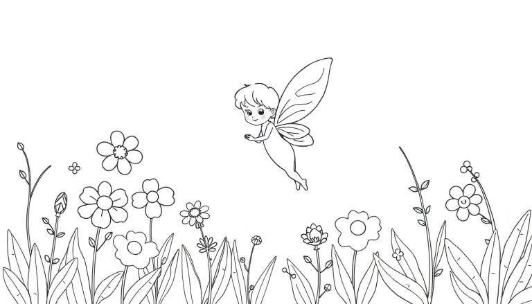 Une petite fée aux ailes déployées vole au-dessus d'un champ de fleurs dessinées en noir et blanc.