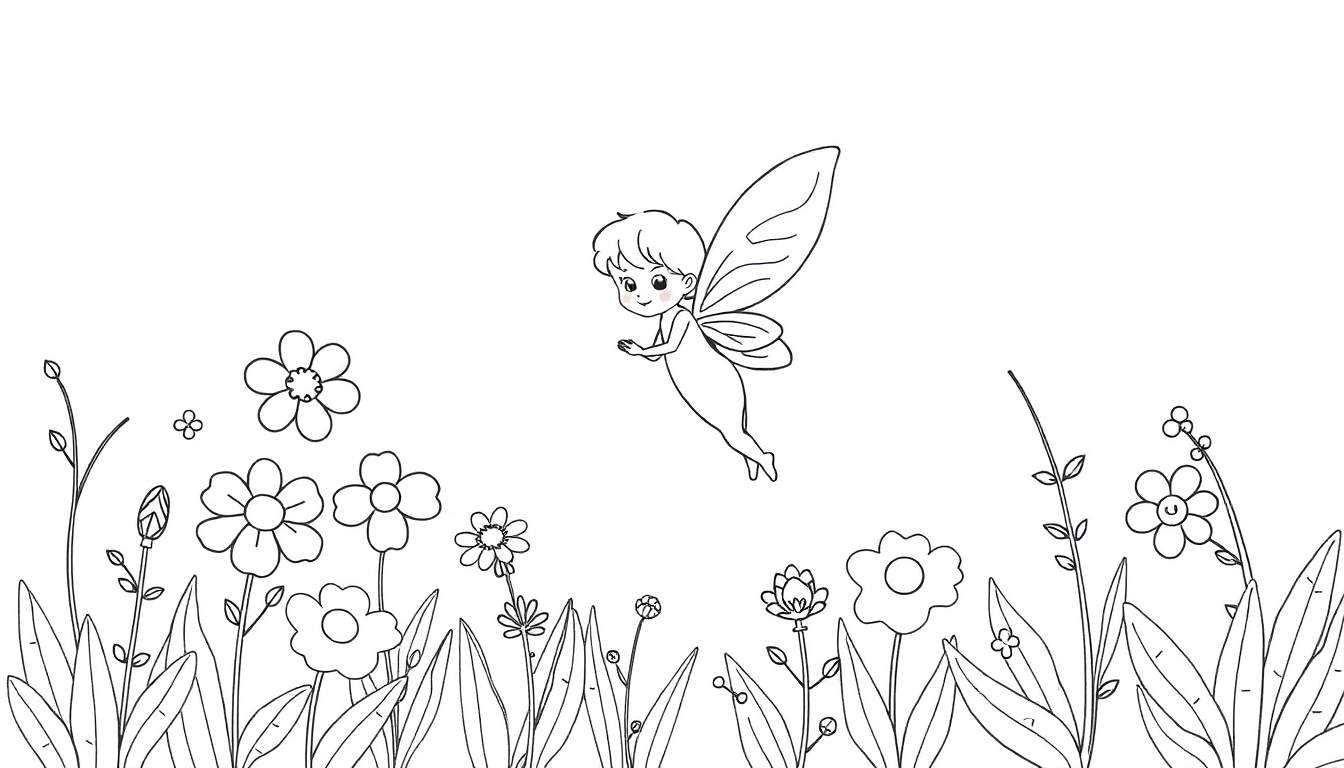 Une petite fée aux ailes déployées vole au-dessus d'un champ de fleurs dessinées en noir et blanc.