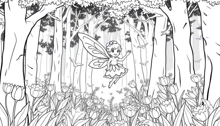 Une fée enfantine souriante flotte au milieu d'un champ de tulipes, entourée de papillons et d'oiseaux, avec une forêt dense en arrière-plan. Idéal pour un panneau de coloriage.