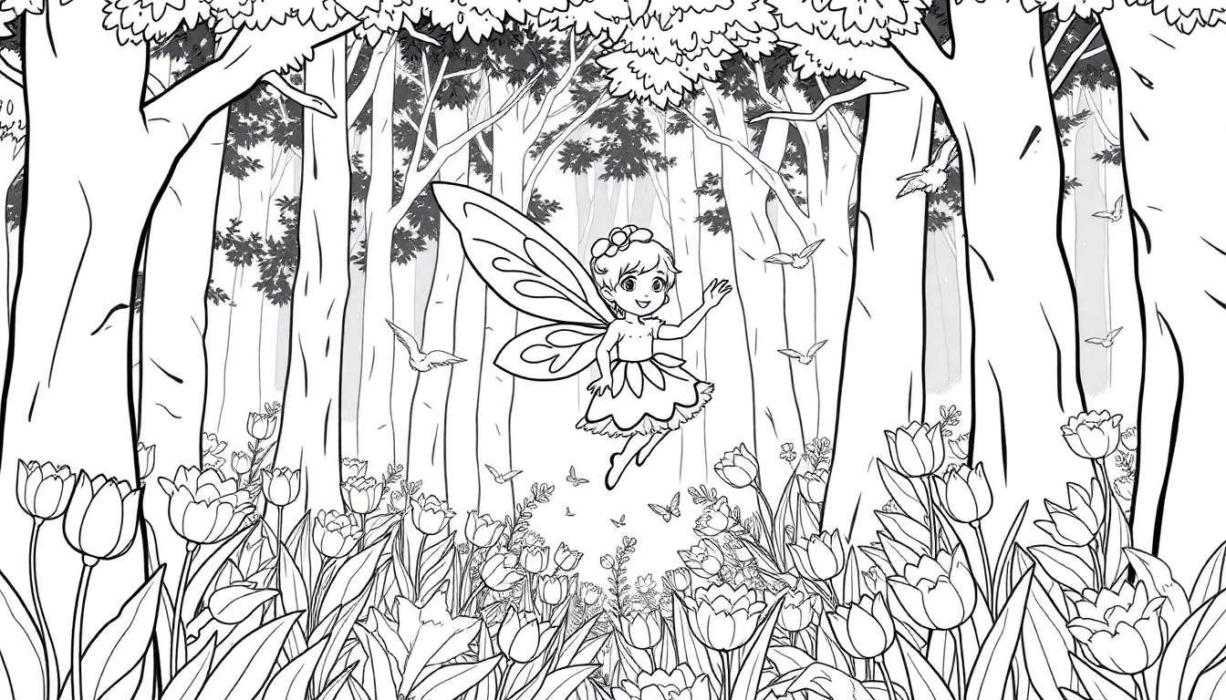 Une fée enfantine souriante flotte au milieu d'un champ de tulipes, entourée de papillons et d'oiseaux, avec une forêt dense en arrière-plan. Idéal pour un panneau de coloriage.