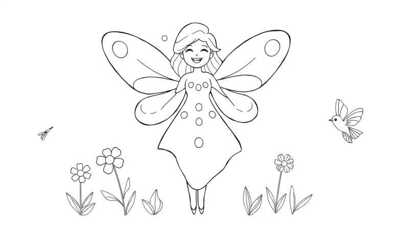 Dessin au trait d'une fée souriante avec des ailes et une robe à pois, dans un champ de fleurs avec un oiseau et un insecte volants. Ce color panel est plein de magie !