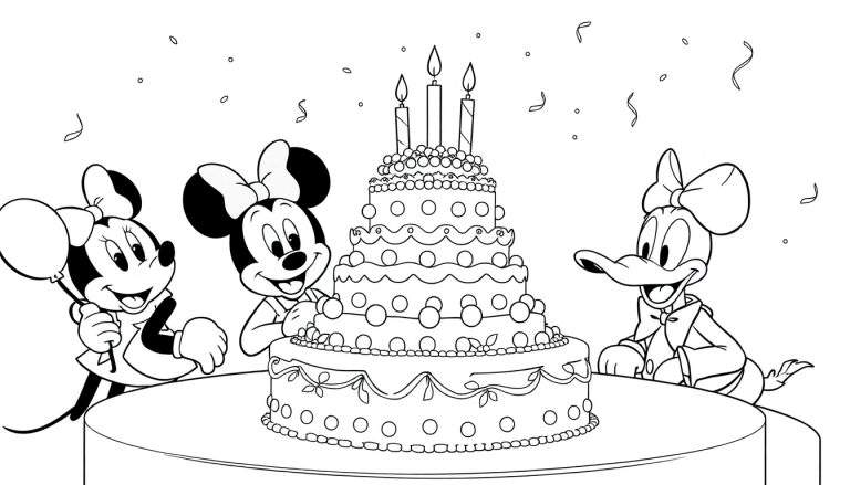 Dessin au trait de personnages Disney célébrant un anniversaire avec un grand gâteau à quatre étages, Minnie tenant un ballon, Mickey et Donald à côté du gâteau, confettis partout, et une petite bougie allumée sur le gâteau, un color panel