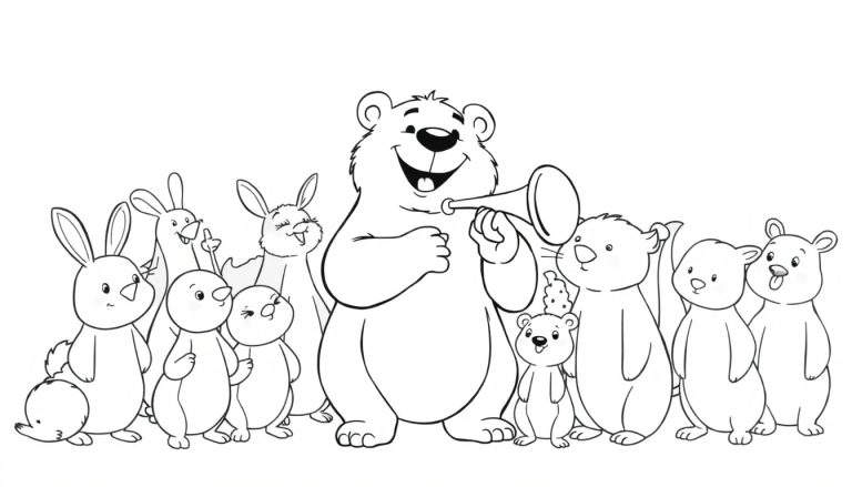 Un ours souriant tenant un mégaphone, entouré de lapins, de pingouins et d'oursons, sur un panneau coloré.