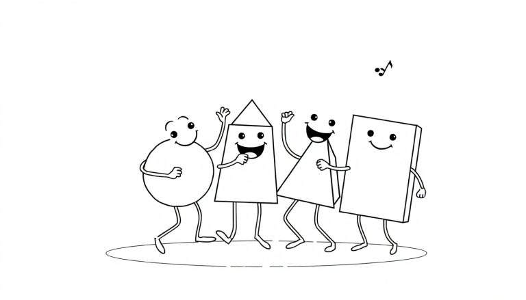 Un cercle, un prisme triangulaire, un triangle et un rectangle anthropomorphes dansent joyeusement sur un sol elliptique avec des notes de musique flottant au-dessus.