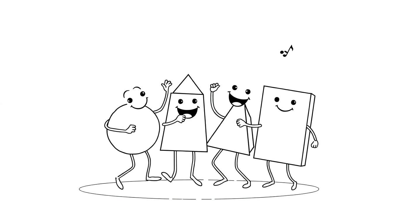 Un cercle, un prisme triangulaire, un triangle et un rectangle anthropomorphes dansent joyeusement sur un sol elliptique avec des notes de musique flottant au-dessus.