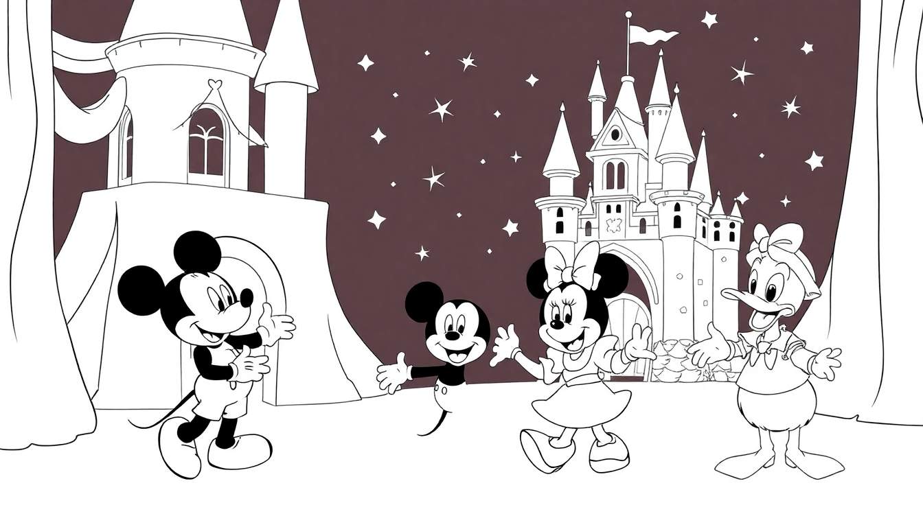 Mickey Mouse, Minnie Mouse et Donald Duck devant des châteaux étoilés dans un panneau coloré.