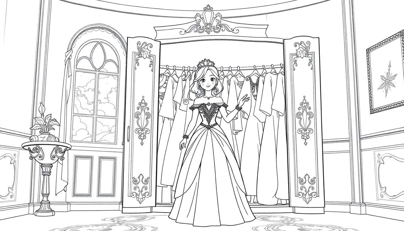 Une princesse choisit sa robe dans une armoire, avec des lignes de coloriage claires.