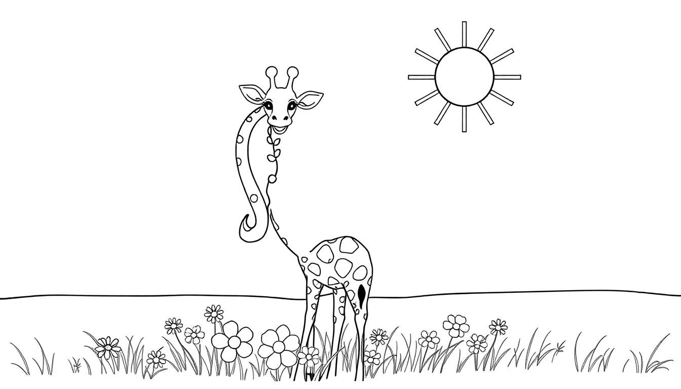 Dessin d'une girafe joyeuse avec un long cou tortillant, sous un soleil souriant, entourée d'herbe et de fleurs colorées.