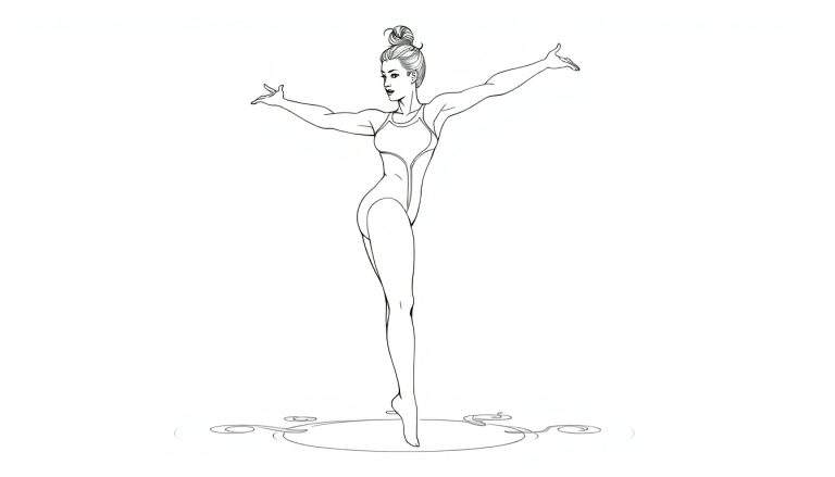 Dessin au trait d'une gymnaste souple en maillot de bain à une pièce, debout sur une jambe, bras étendus, cheveux en chignon, sur un cercle décoratif.