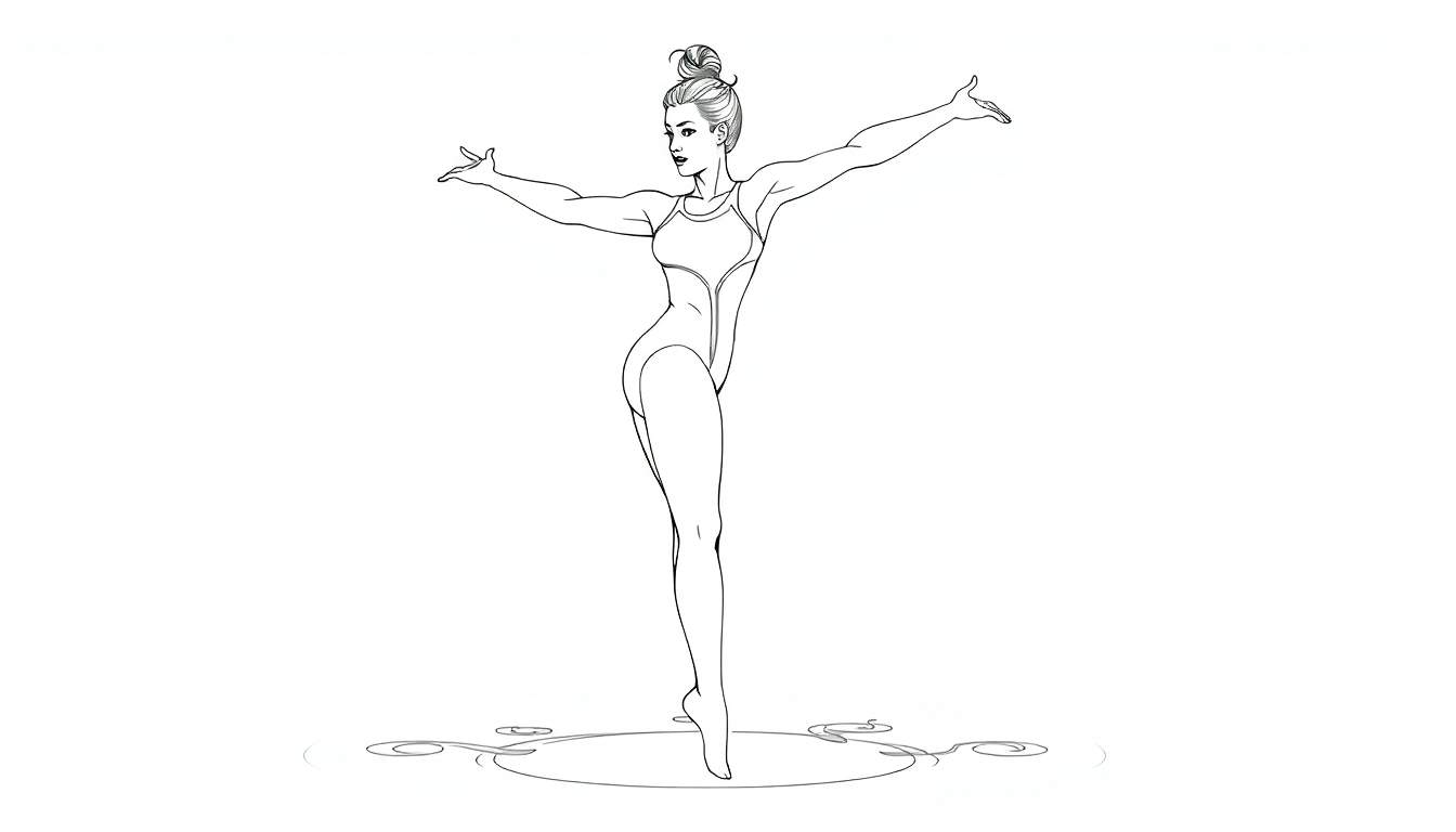 Dessin au trait d'une gymnaste souple en maillot de bain à une pièce, debout sur une jambe, bras étendus, cheveux en chignon, sur un cercle décoratif.
