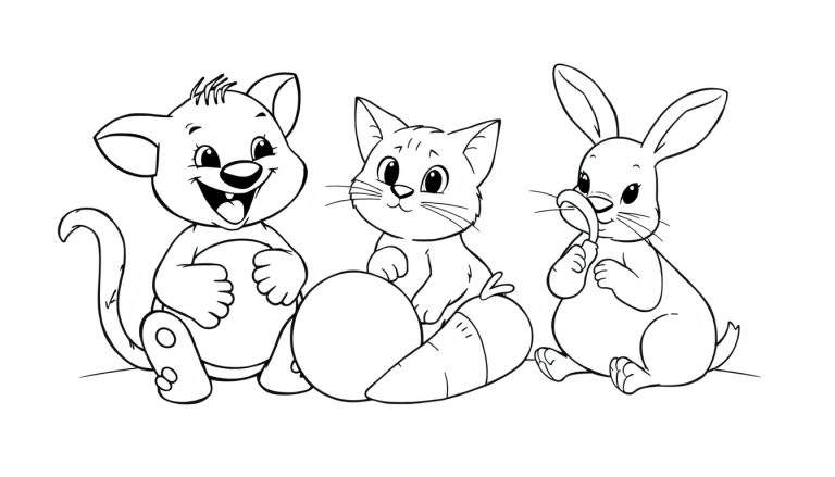 Un dessin au trait d'une souris souriante, d'un chat assis sur une carotte, et d'un lapin mangeant une carotte, le tout dans un color panel.