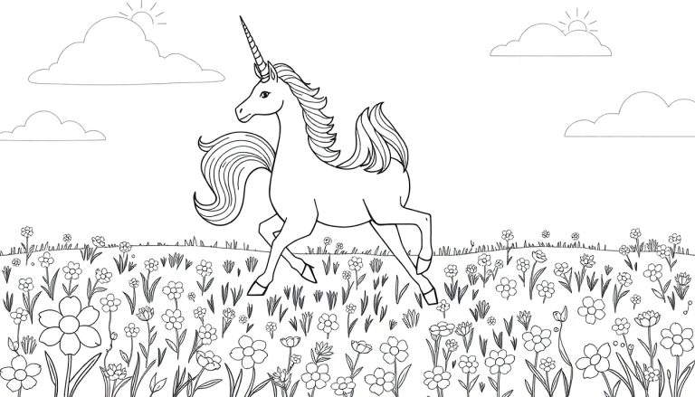 Dessin au trait d'une licorne galopant dans un champ de fleurs, avec des nuages et du soleil.
