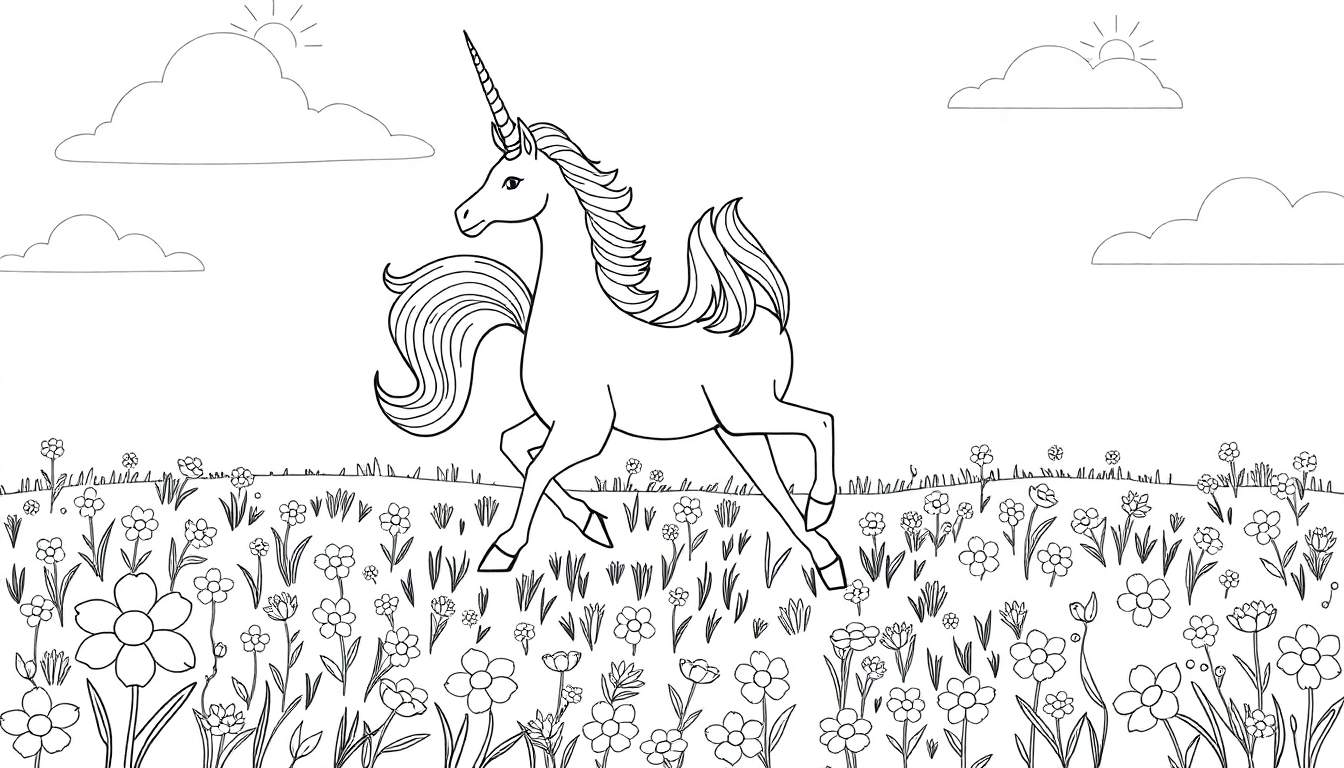 Dessin au trait d'une licorne galopant dans un champ de fleurs, avec des nuages et du soleil.