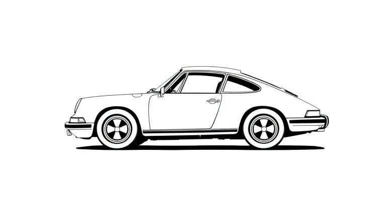 Dessin au trait d'une voiture de sport classique, style color panel, vue de profil.