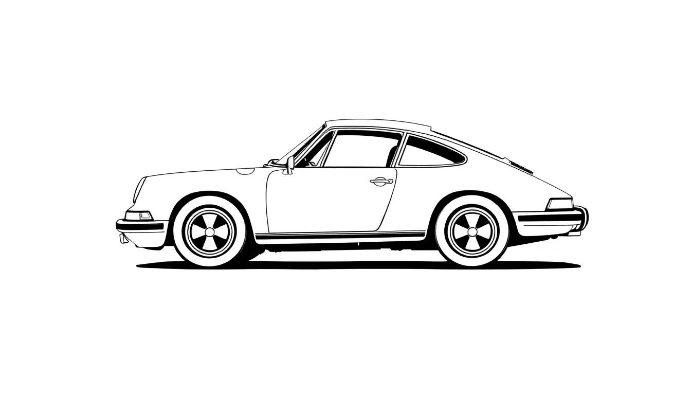 Dessin au trait d'une voiture de sport classique, style color panel, vue de profil.