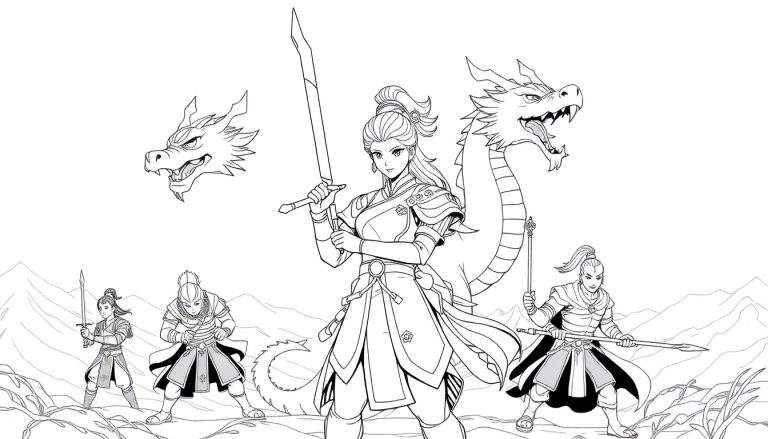 Illustration en noir et blanc d'une guerrière au centre tenant une épée, avec des dragons et d'autres guerriers autour.