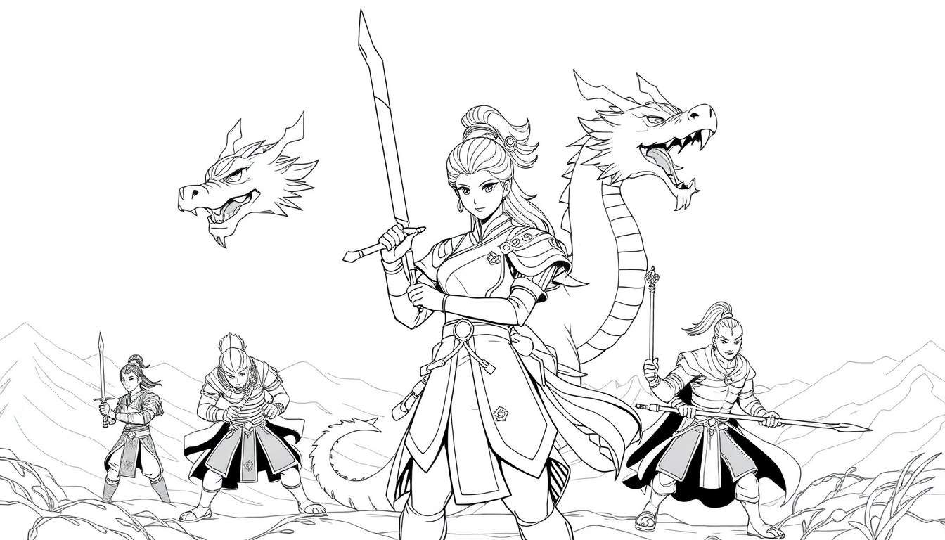 Illustration en noir et blanc d'une guerrière au centre tenant une épée, avec des dragons et d'autres guerriers autour.