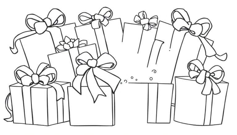 Dessin au trait d'un tas de cadeaux décorés de nœuds, prêt à être coloré sur un color panel.