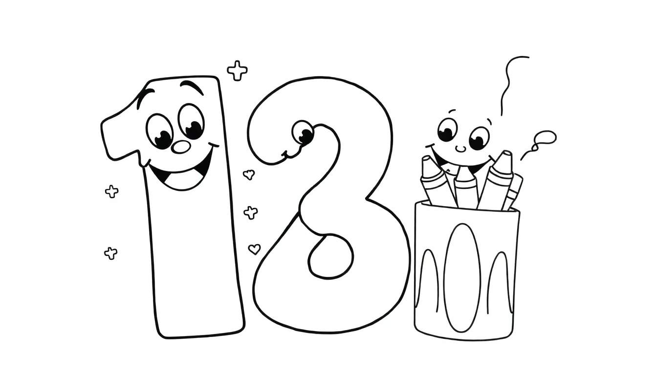 Chiffres 13 souriants avec un pot de crayons coloré, symboles plus et cœurs.