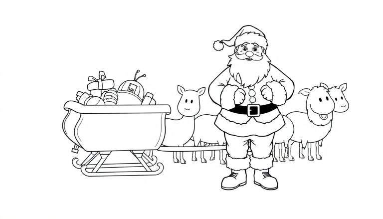 Dessin au trait du Père Noël dans son traîneau tiré par trois rennes souriants, avec une hotte remplie de cadeaux.