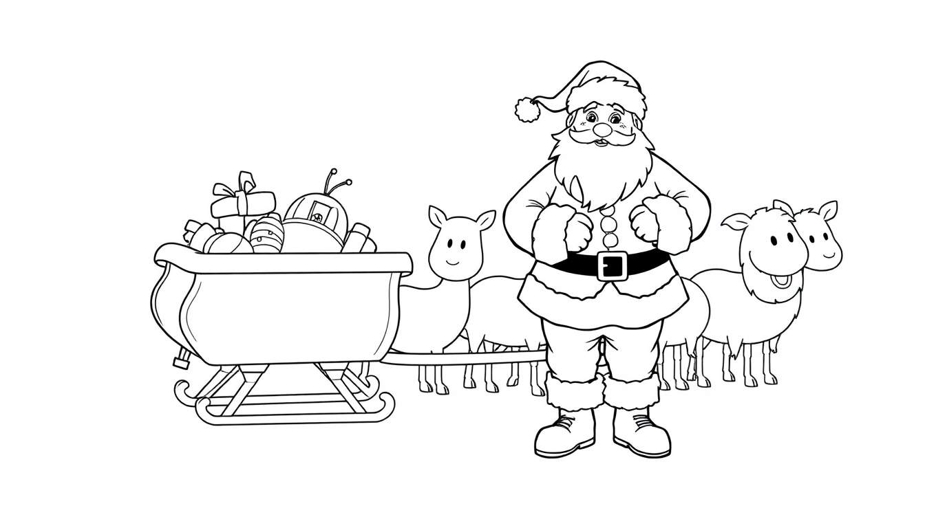 Dessin au trait du Père Noël dans son traîneau tiré par trois rennes souriants, avec une hotte remplie de cadeaux.