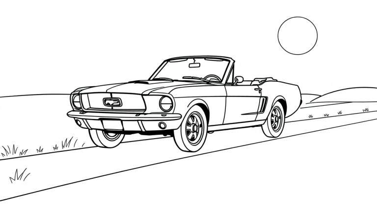 Dessin au trait d'une Ford Mustang décapotable classique pour un coloriage.