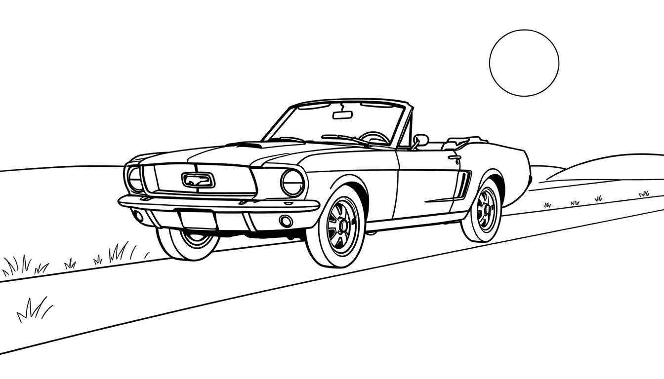 Dessin au trait d'une Ford Mustang décapotable classique pour un coloriage.