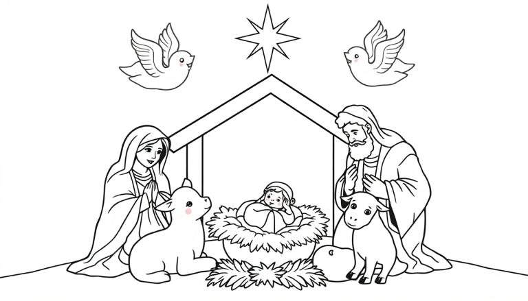 Illustration Nativité avec color panel, bébé, Marie, Joseph, animaux, étoile, colombes.
