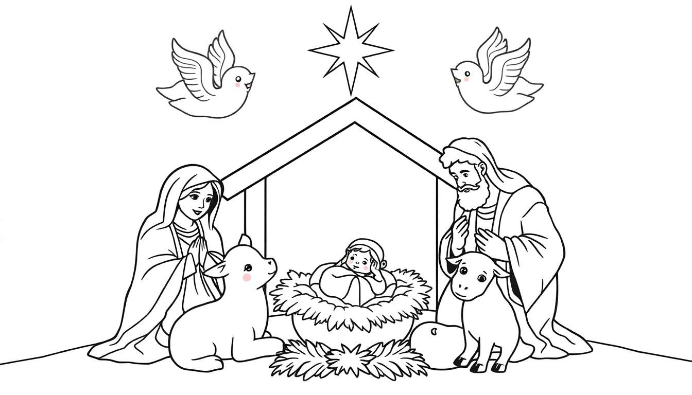 Illustration Nativité avec color panel, bébé, Marie, Joseph, animaux, étoile, colombes.