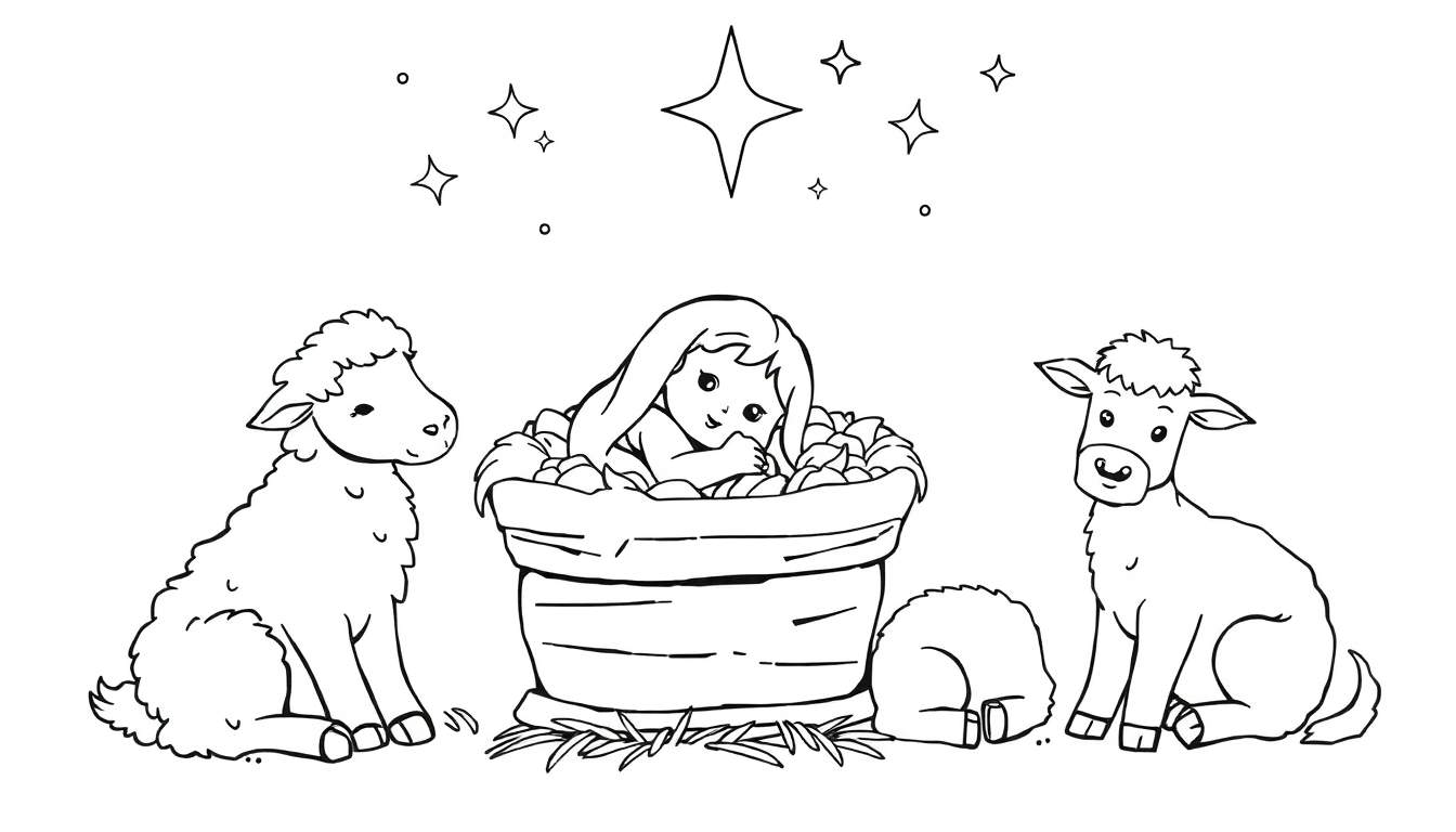 Dessin au trait d'une scène de la Nativité avec des moutons et le bébé Jésus, parfait pour le coloriage dans un color panel.