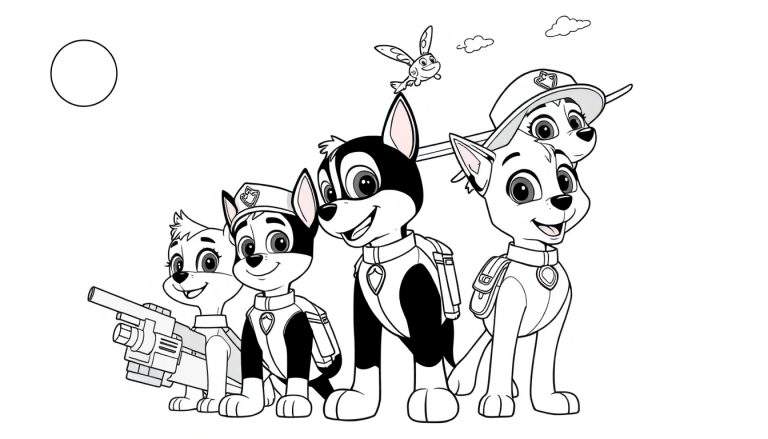 Dessin au trait en noir et blanc de cinq chiens de la Pat' Patrouille en formation, avec un grand cercle ressemblant à la lune et des nuages.