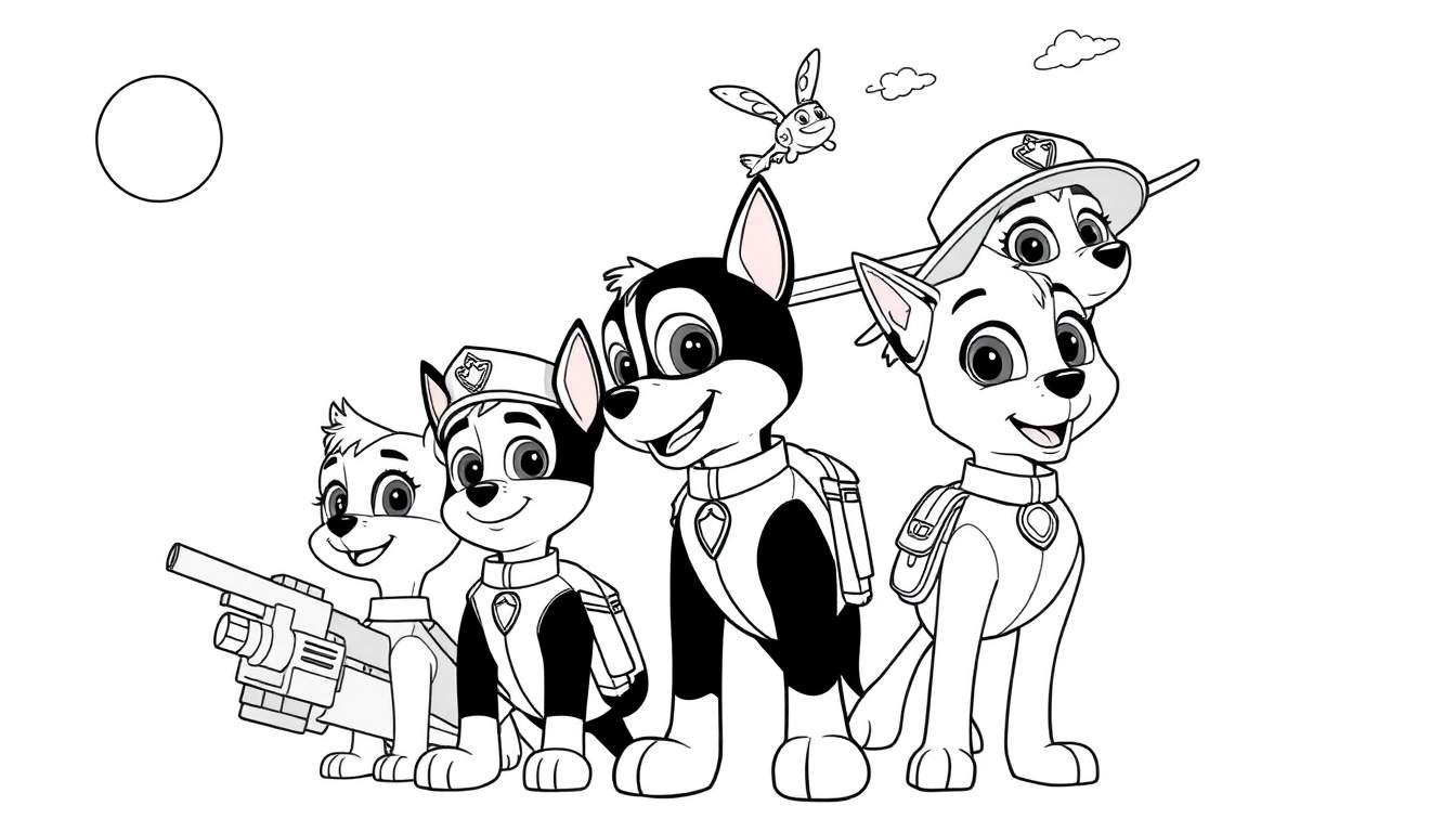 Dessin au trait en noir et blanc de cinq chiens de la Pat' Patrouille en formation, avec un grand cercle ressemblant à la lune et des nuages.