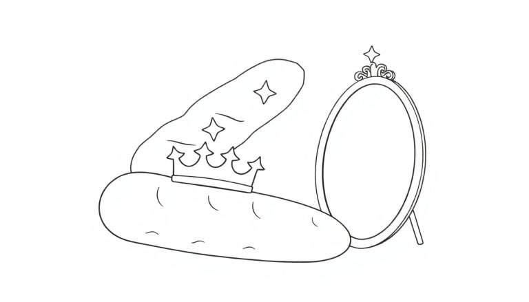 Une pomme de terre royale avec une couronne, devant un miroir.