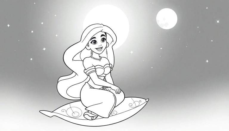Princesse Disney aux cheveux longs volant sur un tapis magique sous deux lunes et des étoiles, avec un panneau coloré.