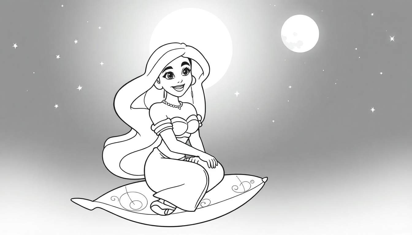 Princesse Disney aux cheveux longs volant sur un tapis magique sous deux lunes et des étoiles, avec un panneau coloré.