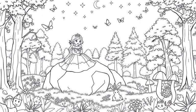 Une princesse assise sur un rocher dans une forêt enchantée, entourée de plantes et de petites créatures.
