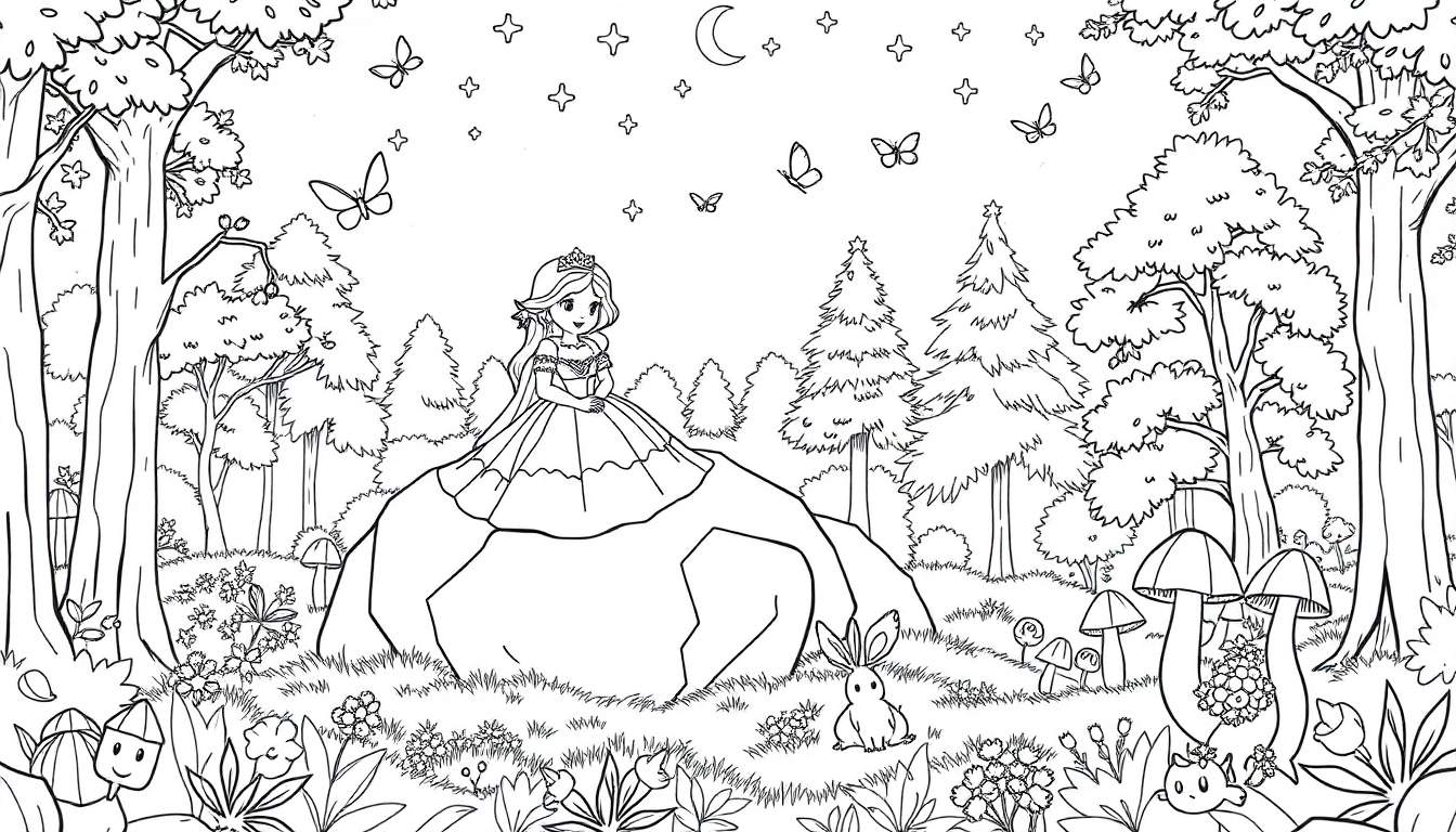 Une princesse assise sur un rocher dans une forêt enchantée, entourée de plantes et de petites créatures.