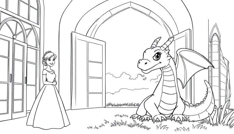 Une princesse aux cheveux longs porte une robe et une tiare, debout devant une grande porte vitrée d'un château, avec un petit dragon assis sur la droite. Le sol est couvert d'herbe, et le ciel est visible à travers la porte, avec quelques nuages.