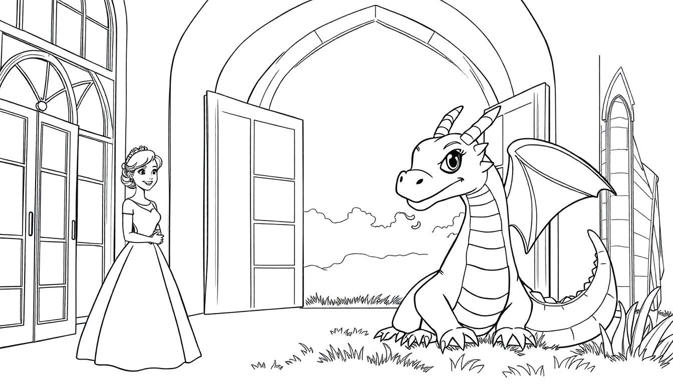 Une princesse aux cheveux longs porte une robe et une tiare, debout devant une grande porte vitrée d'un château, avec un petit dragon assis sur la droite. Le sol est couvert d'herbe, et le ciel est visible à travers la porte, avec quelques nuages.