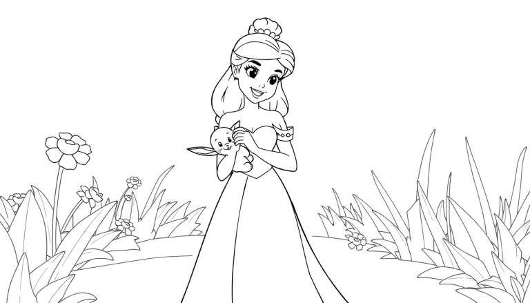 Une princesse Disney souriante avec une longue robe, tenant un petit animal adorable. Les détails sont simples et clairs pour un coloriage facile, parfait pour un color panel.
