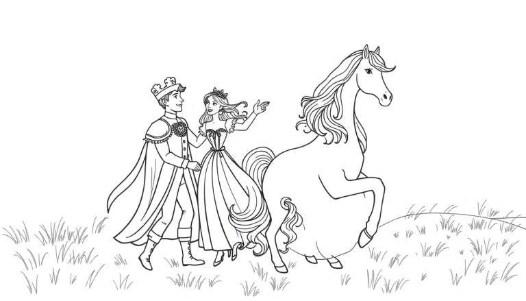 Plaque en noir et blanc d'un prince et d'une princesse tenant la main d'une licorne cabrée dans un champ d'herbe.