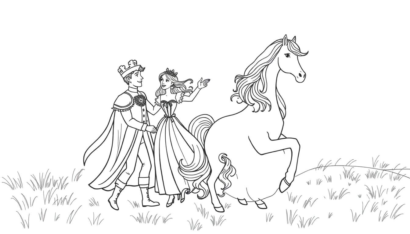 Plaque en noir et blanc d'un prince et d'une princesse tenant la main d'une licorne cabrée dans un champ d'herbe.