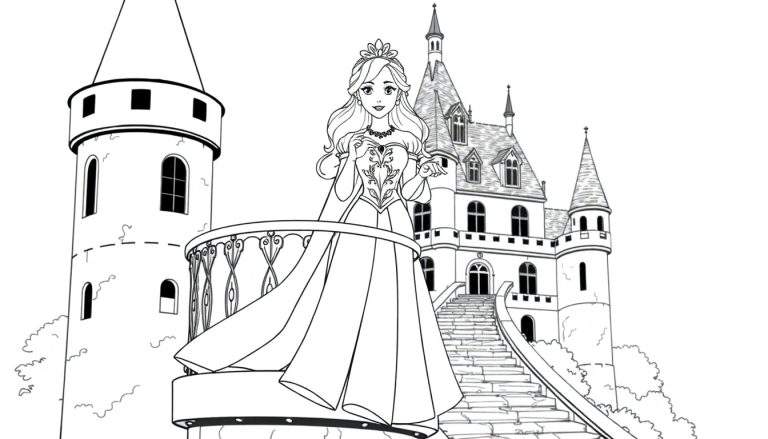 Illustration en noir et blanc d'une princesse sur un balcon, avec un château en arrière-plan. Le dessin est destiné à un color panel.