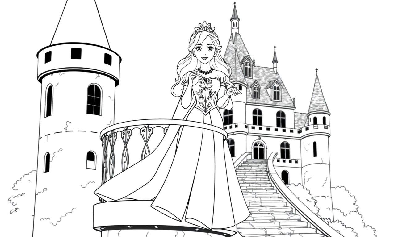 Illustration en noir et blanc d'une princesse sur un balcon, avec un château en arrière-plan. Le dessin est destiné à un color panel.